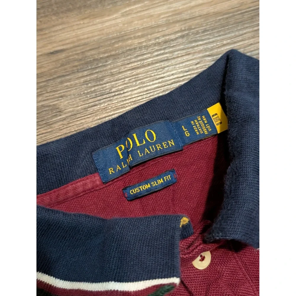 Polo Ralph Lauren Custom Slim Fit Polo Shirt Mens Large Burgundy Red Navy Trim